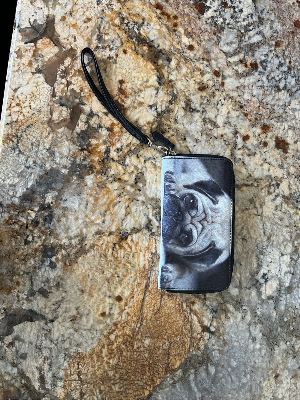 Pug Print Wristlet Wallet - Black & White